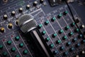 Mixing console microphone top view. Copy space. Royalty Free Stock Photo