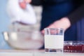 Mixing egg cream with motor mixer, baking cake Royalty Free Stock Photo