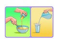 Mixing eggs, batter or milk for pancakes or cake, Pouring milk