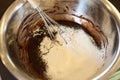Mixing flour with chocolate to Making a chocolate brownie cake