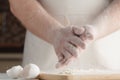 Mixing flour and yeast in the bowl by hand,bread cooking