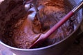 Mixing homemade chocolate cake in stand mixer