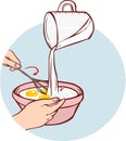 Mixing of Ingredients for Cooking Pancakes with Pouring Milk Vector Illustration