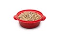 Mixing pigeon food or various seeds on a small red toy bowl on an isolated white background