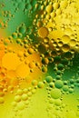 Mixing water and oil, beautiful color abstract background based on green and yellow circles, ovals, macro abstraction
