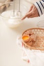 Mixing white egg cream in bowl with motor mixer, baking cake Royalty Free Stock Photo