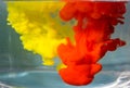 Mixing yellow and red paint in water