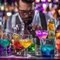 A mixologist meticulously layering colorful liqueurs to create a rainbow cocktail2