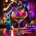 A mixologists hands expertly creating a layered cocktail with vibrant colors1