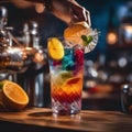 A mixologists hands expertly creating a layered cocktail with vibrant colors2