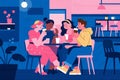 A colorful illustration depicting four people sitting at a round table in a cafe. Royalty Free Stock Photo