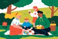 An illustration depicts a family picnic scene on a checkered blanket in a park Royalty Free Stock Photo