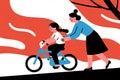A stylized illustration shows a woman helping a child learn to ride a bicycle. Royalty Free Stock Photo