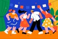 Colorful illustration of four people dancing under a string of flags against a blue background. Royalty Free Stock Photo