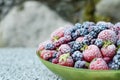 A mixt of frozen strawberries, blackberries, raspberries covered with hoarfrost on a plate on a gray background. Close Royalty Free Stock Photo