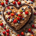 A mixture of berries and cereals. Muesli in a heart-shaped wooden bowl. Royalty Free Stock Photo