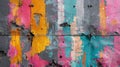 A mixture of bold colors and textured urban decay is captured in a vibrant collage of abstract graffiti painted on weathered