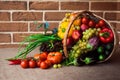 Mixture of fresh vegetables, fruits and lettuce in wicker basket Royalty Free Stock Photo