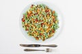 A mixture of frozen vegetables in a light plate and cutlery on a white background. Royalty Free Stock Photo