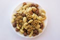 Mixture hazelnut almonds walnuts cashew - flat lay Royalty Free Stock Photo