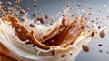 A mixture of milk and coffee in a dynamic motion with splashes and sprays. Scattered coffee beans are visible Royalty Free Stock Photo