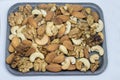 Nuts of different varieties on a plate on the background of the table