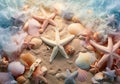 a mixture of shells and starfish on the beach Royalty Free Stock Photo