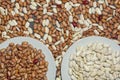 Mixture of white and brown  haricot beans on black table. Sorting Royalty Free Stock Photo