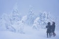 People taking photos of frozen trees or Juhyo in snowstorm in Miyagi, Japan Royalty Free Stock Photo