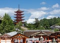 Torists and Five-storied Pagoda (Gojunoto) at Miyajima island. Japan