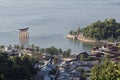 Aerial view on famous Floating Torii gate, Itsukushima Shrine, Miyajima island, Hiroshima, Japan Royalty Free Stock Photo