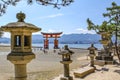 The great Torii Red at Itsukushima Shrine is a Shinto shrine on the island of Itsukushima aka Miyajima at low tide