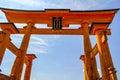 The great Torii Red at Itsukushima Shrine is a Shinto shrine on the island of Itsukushima aka Miyajima at low tide Royalty Free Stock Photo