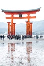 MIYAJIMA, JAPAN - MARCH 25, 2016: Tourists walk around the famous floating torii gate - Itsukushima Shrine, Miyajima Royalty Free Stock Photo