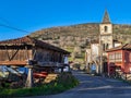 Horreo and church at Miyares village, El Sueve, PiloÃÂ±a, Asturias, Spain, Europe