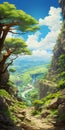 Miyazaki Hayao Style: A Peculiar Acacia On The Mountainside Royalty Free Stock Photo