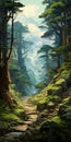 Miyazaki Hayao Style: Peculiar Sequoia On The Mountainside Path Royalty Free Stock Photo