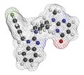 Mizolastine antihistamine drug molecule. 3D rendering. Atoms are represented as spheres with conventional color coding: hydrogen