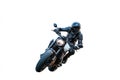 Motorcycle Rider in Full Black Gear Leaning into a Sharp Turn â Isolated on White Royalty Free Stock Photo
