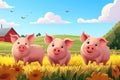 Three Adorable Pink Piglets Standing in a Sunny Meadow with Wildflowers, Barn, and Blue Sky, Evoking a Sense of Joyful Farm Life Royalty Free Stock Photo