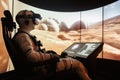Astronaut in Simulation Pod Experiencing Virtual Reality on a Mars-Like Landscape, Emphasizing Space Exploration and Technology Royalty Free Stock Photo
