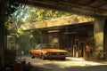 Classic Orange Car Parked in a Shaded Garage with Overgrown Vegetation, Evoking Nostalgia and a Sense of Time Passing Royalty Free Stock Photo