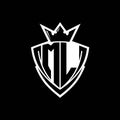 ML Letter logo with sharp triangle shield shape with crown inside white outline on black background template design Royalty Free Stock Photo