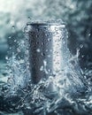 matte white soft drink can, frozen motion shot, among splashes of water, blurred background, ideal for logos or branding