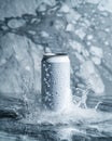 matte white soft drink can, frozen motion shot, among splashes of water, blurred background, ideal for logos or branding