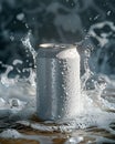 matte white soft drink can, frozen motion shot, among splashes of water, blurred background, ideal for logos or branding