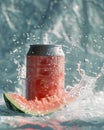 matte white soft drink can, frozen motion shot, among splashes of water, blurred background, ideal for logos or branding