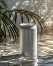 matte white soft drink can, frozen motion shot, among splashes of water, blurred background, ideal for logos or branding