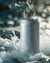 matte white soft drink can, frozen motion shot, among splashes of water, blurred background, ideal for logos or branding