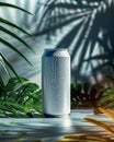 matte white soft drink can, frozen motion shot, among palm leaves , blurred background, ideal for logos or branding
